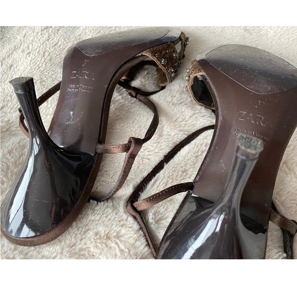 ZARA Brown Rhinestone Studded Strappy Sandals - Picture 9 of 11